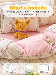 4 件套，精致花卉印花床上用品套装，柔软亲肤，透气四季卧室套装（1 件羽绒被套 + 1 件床单 + 2 件枕套），无填充物，枕套图案随机