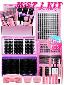 RITALASH 964pcs D Curl Lash Clusters Lash Extension Kit DIY Lash Clusters Eyelash Extension Kit Mixed Lengths 9 Styles Individual Lashes Kit With Lash Bond And Seal, Lash Tweezers, Remove, Dual-Ended Brush, Headband And Wristband For Self Use - Black - View 1
