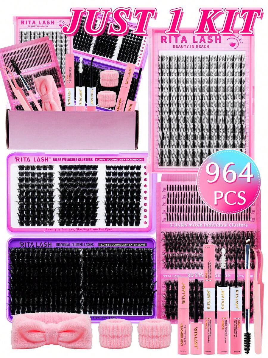 RITALASH 964pcs D Curl Lash Clusters Lash Extension Kit DIY Lash Clusters Eyelash Extension Kit Mixed Lengths 9 Styles Individual Lashes Kit With Lash Bond And Seal, Lash Tweezers, Remove, Dual-Ended Brush, Headband And Wristband For Self Use - Black - View 1