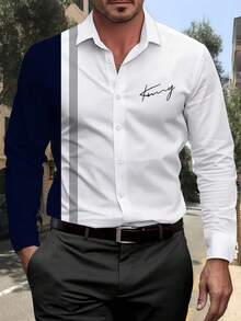 Men's Letter Print Contrast Color Long Sleeve Single-Breasted Casual Commuter Shirt - Black and White - View 1