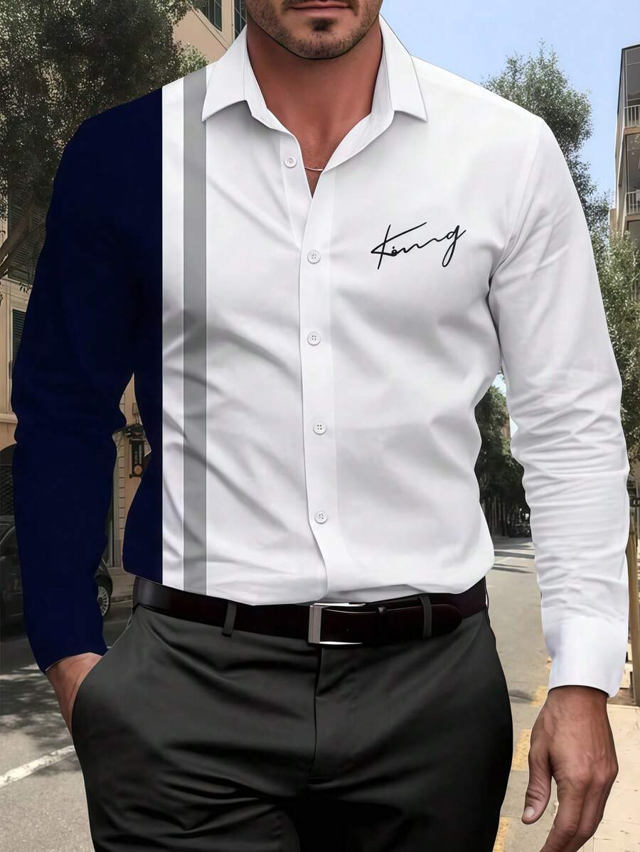 Men's Letter Print Contrast Color Long Sleeve Single-Breasted Casual Commuter Shirt - Black and White - View 1