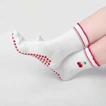 Pilates Grip Socks For Women, Breathable Cotton Cherry Embroidery Non Slip Yoga Socks With Cute Ruffle Design For Barre Ballet Workout Dance - As Pic - View 2
