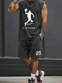 Men's Washed Vintage Letter & Figure Print Round Neck Tank Top And Shorts Set, Simple-Sport - Black - View 1