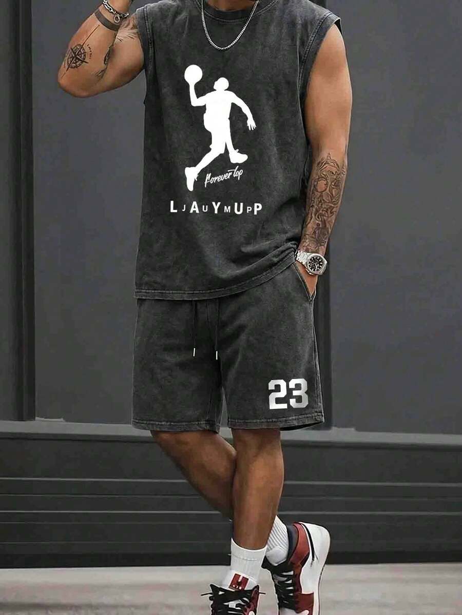 Men's Washed Vintage Letter & Figure Print Round Neck Tank Top And Shorts Set, Simple-Sport - Black - View 1