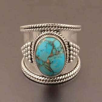 波西米亚风女士戒指，雕刻复古图案，镶嵌合成绿松石，时尚百搭，适合派对、日常佩戴和馈赠。