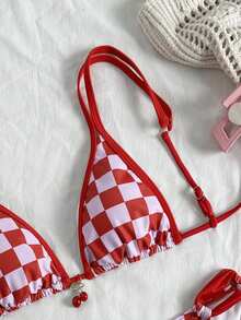 2026 New European & American Style Dual-Tone Plaid Sexy Casual Backless Bow Tie Fitted High-End Date, Vacation, Party, Beach Bikini Set Set - Multicolor - View 4