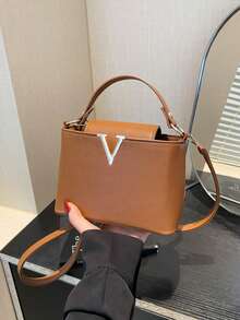 Bolso de mano multifuncional de tela impermeable de PU con hebilla de bloqueo de hardware simple unicolor, adecuado para compras, llevar bolsas, mujeres jóvenes, estudiantes universitarios, recién llegados al lugar de trabajo, oficinistas. Perfecto para la oficina, la universidad, el trabajo, los negocios, los desplazamientos, las actividades al aire libre, los viajes y las excursiones. - Marrón - Ver 3