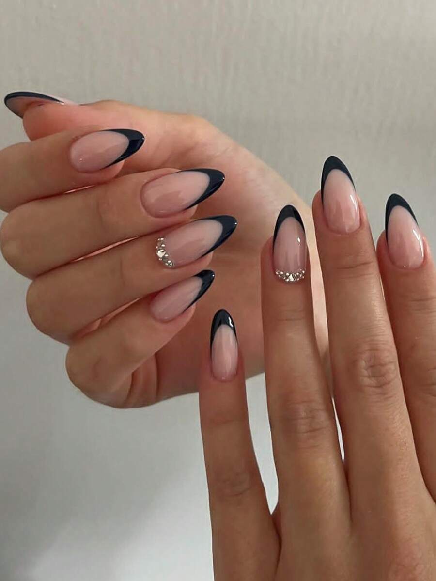 24片法式美甲贴纸，中号杏仁形，3D水钻设计，简约Y2K风格，表面光滑，全覆盖，适合女性和女孩日常佩戴 - 黑色 - 查看 1