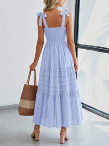Women Summer Sleeveless Tie Shoulder Strap Smocked High Waist A-Line Long Maxi Dress Boho Beach Holiday Vacation Valentine Sundress With Pockets - 淺藍色 - 查看 2