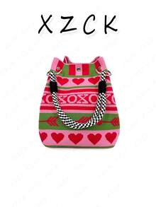 [XZck] Fashionable Knitted Bucket Handbag, Heart Pattern Design Tote Bag, Lightweight Foldable Handbag With Unique Design To Stand Out During Holidays, Great Gift For Girlfriend, Valentine's Day Gift - Multicolor - View 16