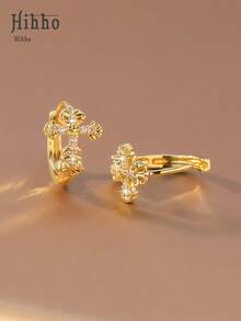 Hihho 一对雕花十字架耳环，复古宗教风格，银色和金色可选，饰有雕刻十字架轮廓和镶满水钻，适合复古主题服装、宗教场合、休闲派对等场合佩戴。 - 十字 - 查看 4