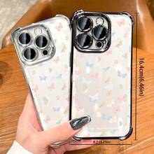 Flower Butterfly Patterned Transparent Four-Corner Electroplated Airbag TPU Soft Shell Is Compatible For IPhone 17 Pro Max/Air/16/15/14/13/12/11/X/XS. For Samsung S22/S23/S24/25. It's An Ideal Gift For Christmas And Valentine's Day, Perfect For Boyfriends, Girlfriends, And Family. - 粉色 - 查看 3