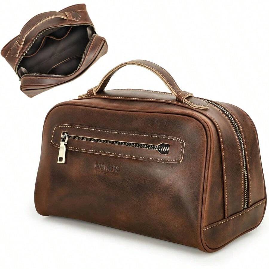 Contacts Full Grain Leather Travel Toiletry Bag For Men Wash Bag Bathroom Shaving Dopp Kit Toiletries Organizer Vintage Cosmetic Bag Coffee Vintage - Coffe3 - View 1