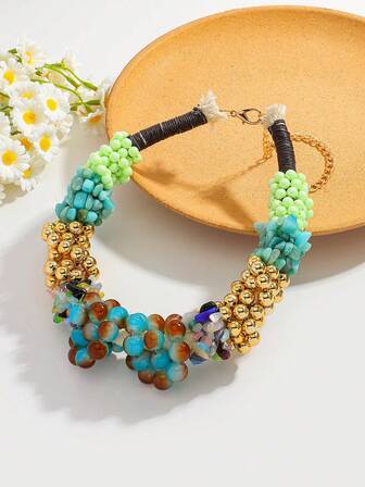 1pc Vintage Bohemian Style Beaded Necklace For Women, Featuring Multi-Layer Colorful Beaded Woven Design, Perfect Accessory For Personalized, Party And Fashion