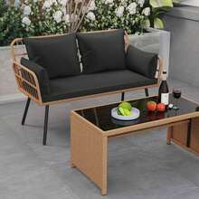 Patio Wicker Loveseat Furniture With Seat Back Cushions, Heavy-Duty Metal Legs Off-White/Black - Black - View 2