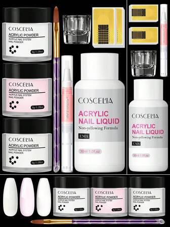 coscelia 9 st akrylpulver och 30 ml EMA flytande systemset, rosa, klart, vitt akrylpulver med nagelkonstmonomer, lämplig för kvinnor, nagel DIY-salongpresent