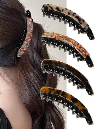 Plus Size Women's Acetate Banana Twist Clip Vintage Leopard Print Elegant High-End Claw Clip French Animal Pattern Ponytail Clip, Suitable For Thick Hair At The Back Of The Head