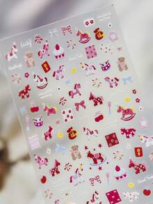 1pc Cute Cartoon Pony Bear Red Flower Firework Bow Lucky Bag Cake Press-On Nail Stickers 5D Nail Art Celebration Festive Whimsical Self Adhesive Nails For Women's Joyful DIY Manicure Decals - Multicolor - View 7