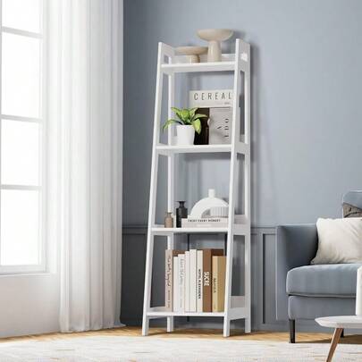 4-Tier Corner Ladder Shelf White Minimalist Bookshelf For Home Bedroom Or Office Compact Space-Saving Book Display Unit