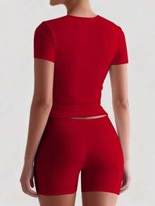 Valentine Outfits For Women2026XLLAIS 2025 Model Black Short Sleeve Crew Neck Solid Color Basic Fitted Casual T-Shirt For Women, Summervalentine's Day  Dress - 鮮紅色 - 查看 2