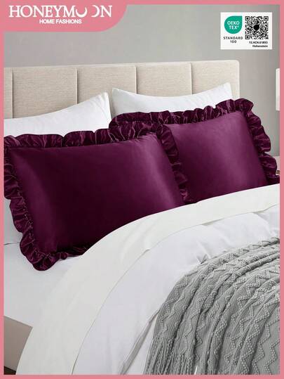 Honeymoon 1pair Satin Pillowcases With Lace(1pair=2pcs)-Shiny Satin Fabric Pillow Covers, Luxurious And Silky Smooth, Ultra Soft And Breathable, No Filler, Machine Washable-T F Q K Size For Home And Dorm, Oeko-Tex Certified, Purple