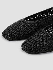 ADAMUMU 女士新款黑色手工编织皮革平底便鞋，镂空纹理设计，复古奢华，百搭通勤舒适鞋 - 黑色 - 查看 6