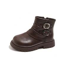 Stacked Boots For Women Winter New Thick-Soled Height-Increasing Round-Toe Buckle Retro Padded Versatile Simple Style  Boots - Coffee Brown - View 2