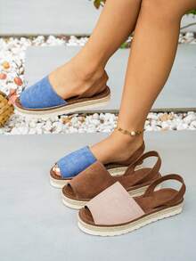 planare 女士时尚夏季休闲度假风PU绒面革露趾日常轻便圆头套脚舒适稳固平底凉鞋，蓝色，沙滩装扮 - 藍色 - 查看 11