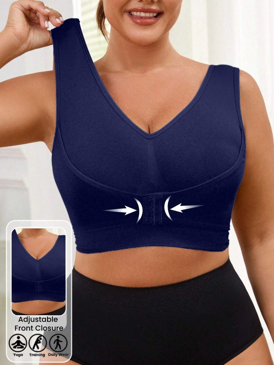 1pc Seamless Wireless Supportive Adjustable Front Hook Closure Comfortable Side Gather Yoga Unpadded Sports Bra For Plus Size Women Spring