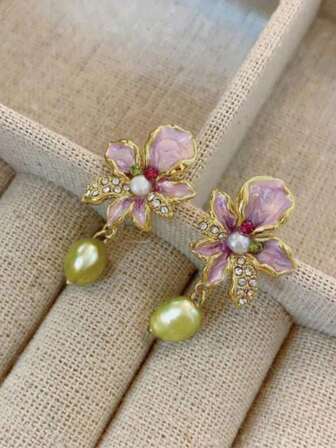 1 par vintage franska strassblommorörhängen, moderiktiga nischade exklusiva estetiska örhängen