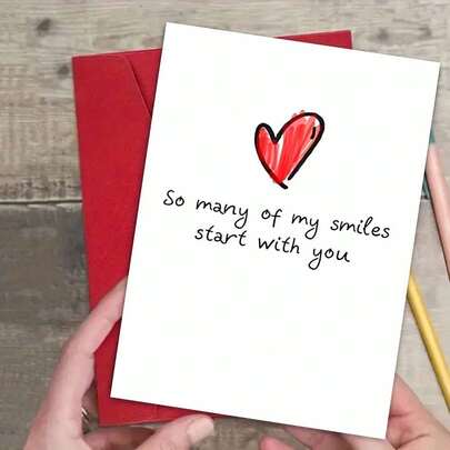 1PC So Many Of My Smiles Start With You Heart Illustration Greeting Card With Envelope Romantic Love Quote Design For Valentine's Day, Ideal For Friends, Lovers, Colleagues, Anniversary And Special Occasion Gift