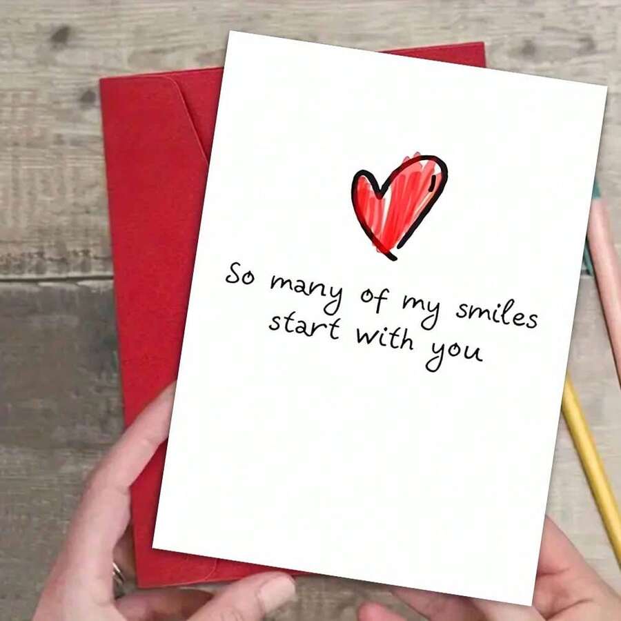 1PC So Many Of My Smiles Start With You Heart Illustration Greeting Card With Envelope Romantic Love Quote Design For Valentine's Day, Ideal For Friends, Lovers, Colleagues, Anniversary And Special Occasion Gift