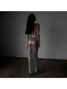 Women's Nightclub Fashion Hot Girl Suspender Sexy See-Through Mesh Hot Silver Slim Dress - 銀色 - 查看 4