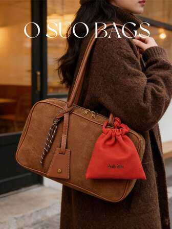 2pcs Solid Color Autumn/Winter New Suede Tote Bag, Versatile Commuter Boston Handbag With Large Capacity, Shoulder & Top Handle, With Accessory Charm