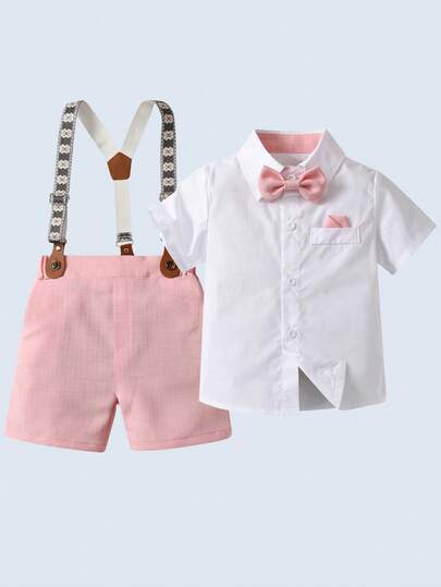 BOARNSEORL Young Boys Gentleman Summer Outfit: White Shirt With Bowknot And Pink Shorts With Suspenders, Fashionable And For Birthday Party, 1st Birthday, Choir Performance, Valentine's Day