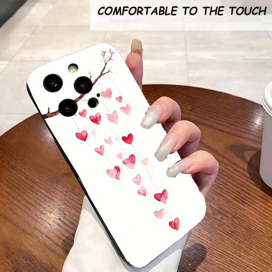1PC Phone Case,  Heart Branch Watercolor Pattern Print , Stylish Phone Case, Phone Decoration, All-around Lens Protection, Creative Small Gift, Funny Gift for Boys and Girls - ブラック - チェックする 1