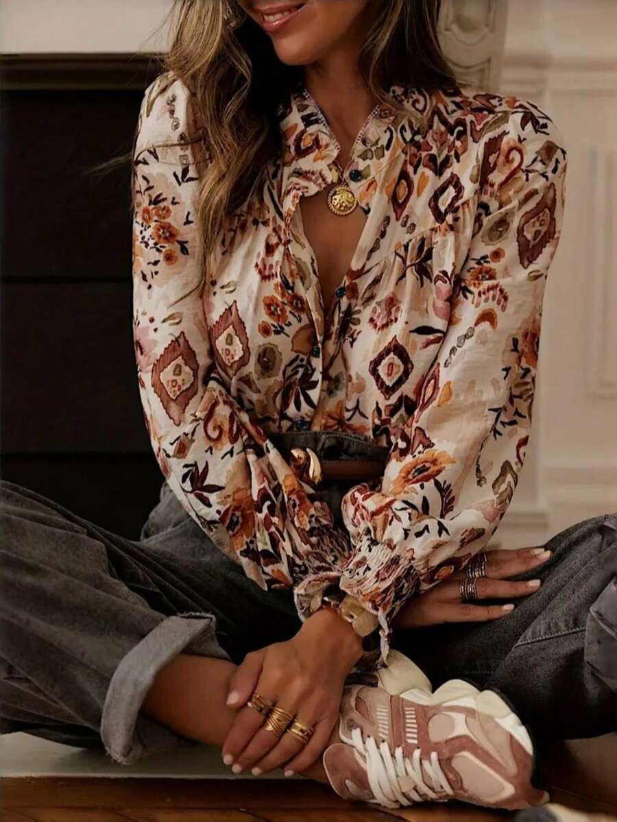 优雅花卉印花女士长袖衬衫，复古图案休闲上衣，春季度假必备 - 彩色 - 查看 1