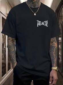 Camiseta Hombre Teach Peace, Manga Corta, Frase Positiva, Bohemia, Relajada, Valores Pacíficos,ropa de hombre,parejas,envio nacional,regalo para hombre,oversize hombre. - Negro - Ver 1