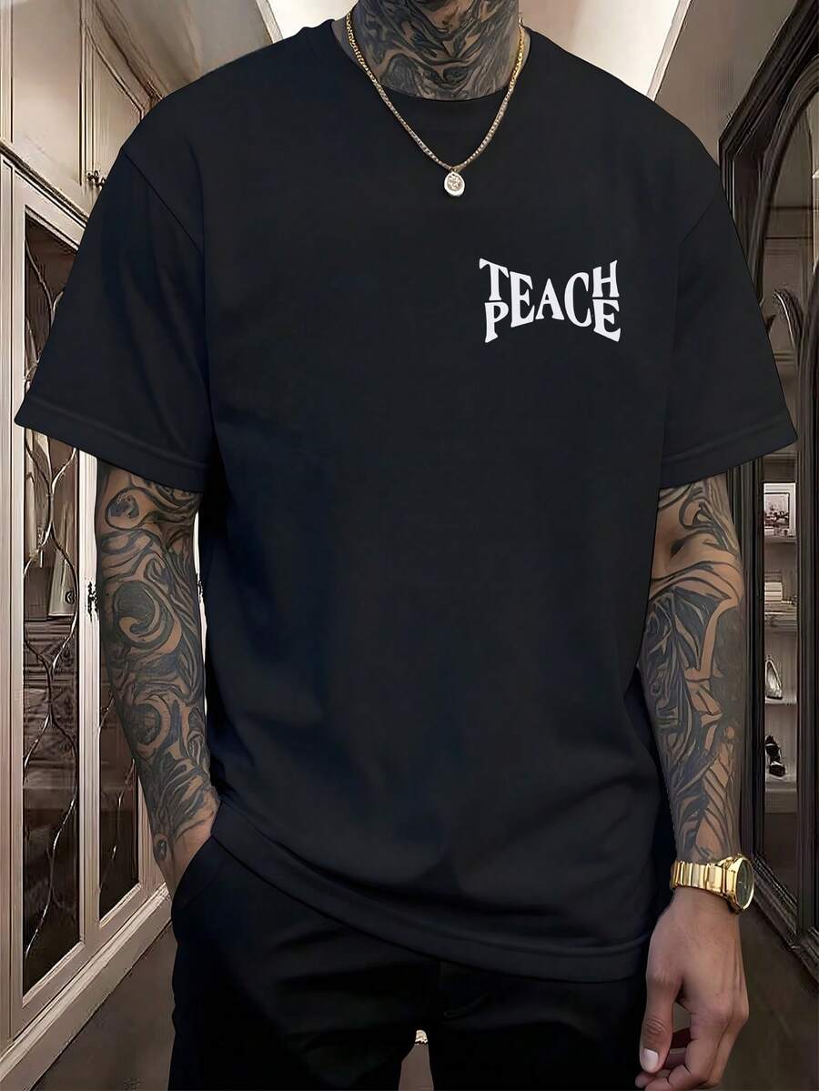 Camiseta Hombre Teach Peace, Manga Corta, Frase Positiva, Bohemia, Relajada, Valores Pacíficos,ropa de hombre,parejas,envio nacional,regalo para hombre,oversize hombre. - Negro - Ver 1