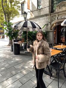 Women's Elegant Faux Fur Warm Jacket, Long Sleeve Stand Collar Thick Furry Coat, Fashion Casual Ladies Outerwear, Luxurious Stylish Commuter Daily Winter Jacket For Women - Light Brown - View 7