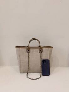 时尚欧美风女士手提包，大容量，配有肩带和链条 - 卡其色 - 查看 6