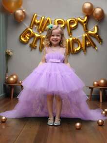 Girls' Elegant Bowknot Tulle Trailing Puff Dress, Suitable For Birthday Party, Banquet, Does Not Include Headband - 紫色 - 查看 2