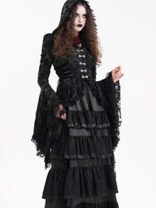 Devil fashion 骷髅提花蕾丝流苏连帽喇叭袖哥特式深色连帽夹克 - 黑色 - 查看 5