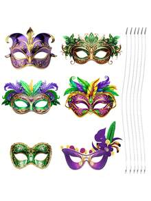 6Pcs Carnival Party Masks, In Gold And Green, With Feathers. Party Dance Masks, Carnival Party Decorations, Carnival Performance Props, Carnival Party Photo Props. - Multicolor - View 5