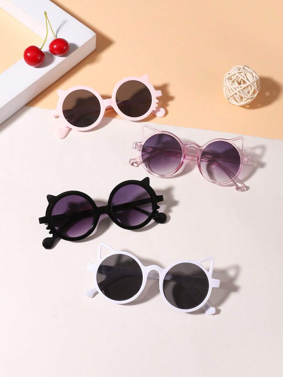 一套4副男女童（8-14岁）圆形眼镜框，精致猫耳设计，时尚眼镜，适合家庭旅行