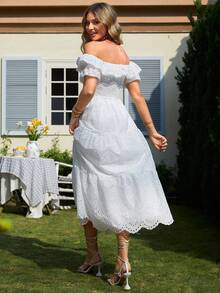 Simplee Damen Sommer Neu Besticktes einfarbiges Off-Shoulder Kleid mit hoher Taille, Partykleid, Musikfestival, Abschlussfeier - Weiss - Übersicht 6