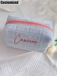 Customized Name Makeup Bag, Customized Makeup Bag Storage Bag, Letter Makeup Bag, Bridesmaid Box, Toiletry Cosmetic Bag, Nursing Bag, Embroidered Bag, Toiletry Bag, Travel Makeup Bag, Unique Waffle Design, Space-Saving, Exquisite, Fashionable, Tidy, Minimalist, Casual, Unique Personalized Gift, Suitable As Valentine's Day Gift