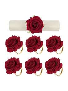 1/6pcs Valentine's Day Napkin Rings, Red Rose Napkin Holders, Wedding Napkin Rings, Reusable Metal Napkin Rings, Suitable For Family Gatherings, Banquets, Hotels, Valentine's Day Parties (Valentine's Day Party Supplies) - Multicolor - View 5