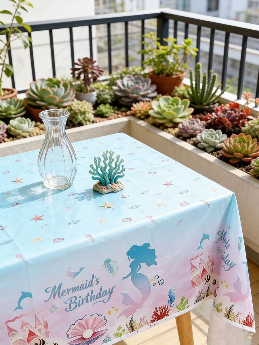 3 piezas Mantel con tema de sirena de 130 cm x 220 cm, degradado de azul y rosa soñador con patrón de sirena y coral, adecuado para fiesta de cumpleaños, fiesta de piscina de verano, decoración del hogar con tema oceánico y uso diario - Multicolor - Ver 1