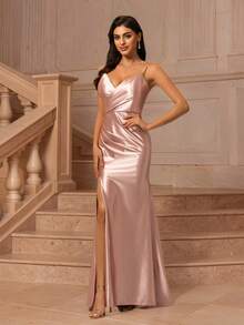 MOEVIO 性感V领粉色吊带修身高开衩长裙，适合婚礼宾客、毕业典礼、生日派对、优雅节日舞会及其他场合。 - 粉色 - 查看 8